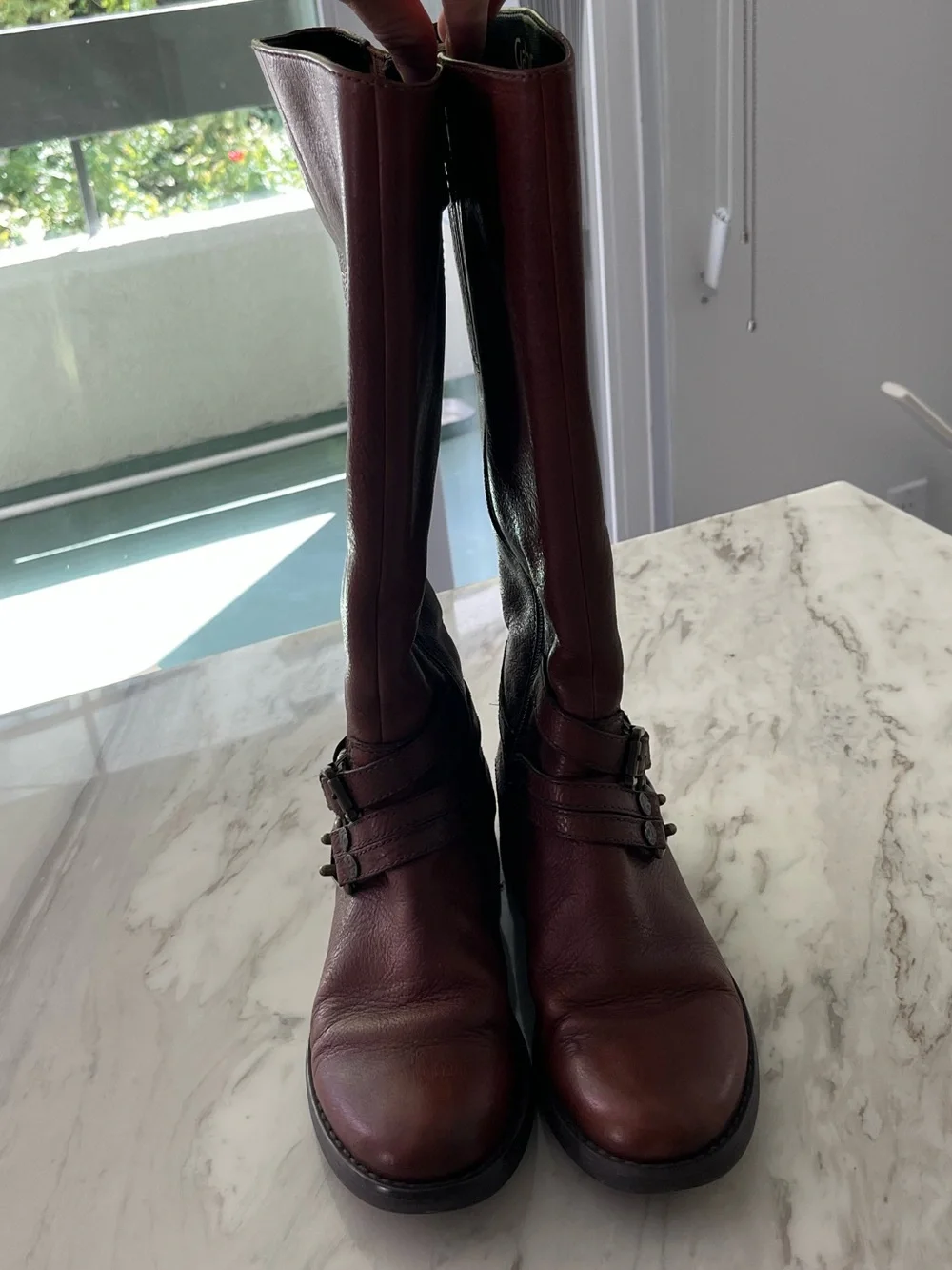 Gabor Chestnut Brown Leather Under-the-Knee Boots with Buckle Straps